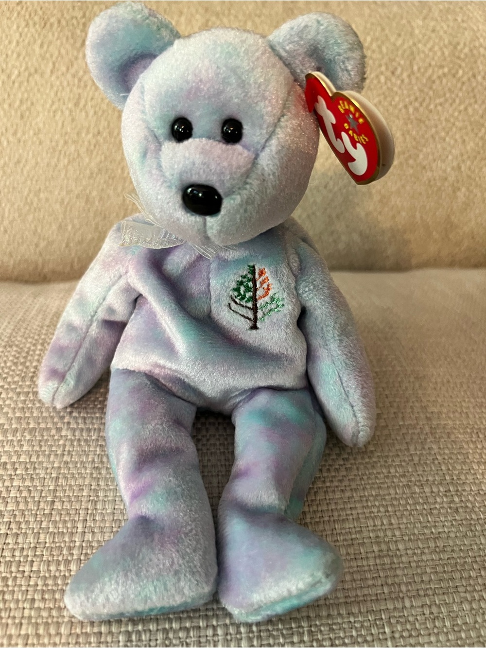 Ty Pastel Blue and Purple Bear Plush with Embroidered Tree”Issyl